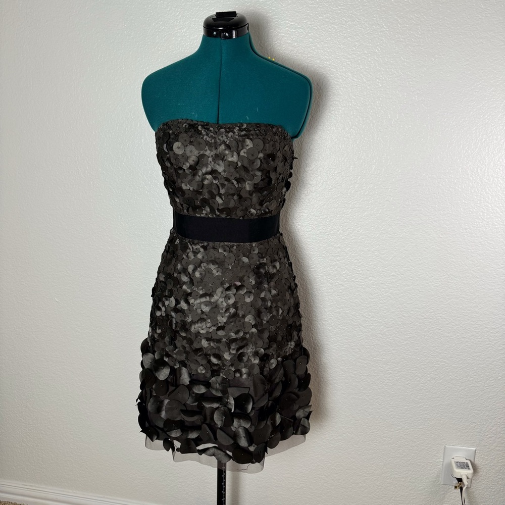 Womens Sz 4 Gray Black Mini Strapless Formal Dress Circles w/ Beads